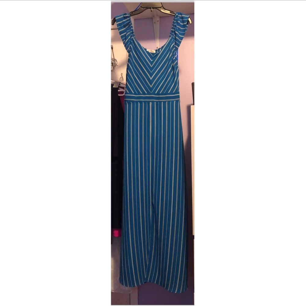 Blue and White Maxi Dress front slit & cap sleeves